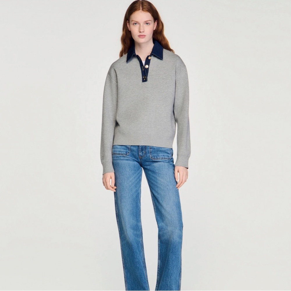 Sandro SWEATER WITH DENIM COLLAR sz 0 - Picture 4 of 6